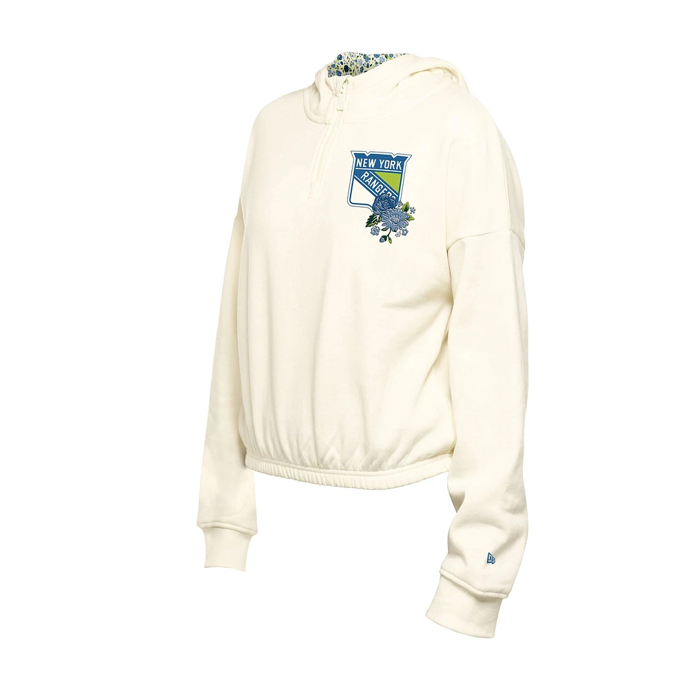 Women's New Era Cream York Rangers Glam Game Quarter-Zip Cropped Floral Hoodie Pullover