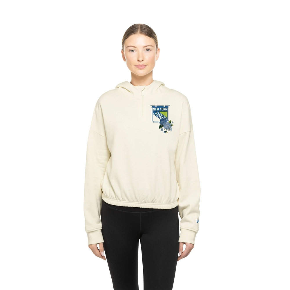 Women's New Era Cream York Rangers Glam Game Quarter-Zip Cropped Floral Hoodie Pullover