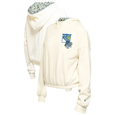 Women's New Era Cream York Rangers Glam Game Quarter-Zip Cropped Floral Hoodie Pullover