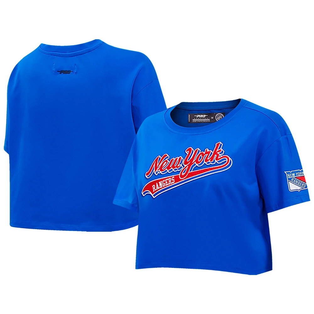 T-shirt court Pro Standard bleu des New York Rangers Boxy Script Tail pour femmes