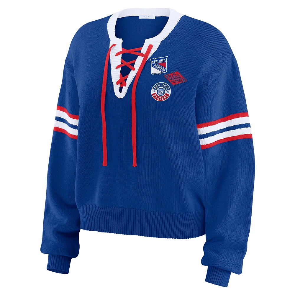 Pull court à lacets bleu New York Rangers pour femme WEAR by Erin Andrews