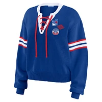 Women's WEAR by Erin Andrews  Blue New York Rangers Cropped Lace-Up Sweater