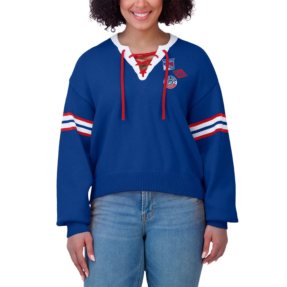 Women's WEAR by Erin Andrews  Blue New York Rangers Cropped Lace-Up Sweater