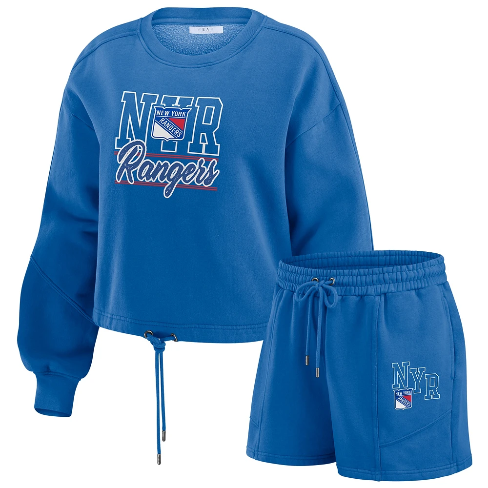 Ensemble de détente pour femme WEAR by Erin Andrews avec sweat-shirt et short en molleton délavé bleu New York Rangers