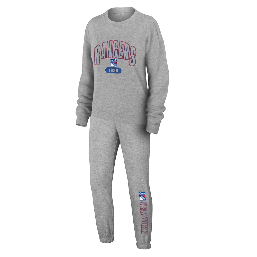 WEAR by Erin Andrews Ensemble de nuit t-shirt et pantalon en tricot tri-mélange à manches longues gris chiné des Rangers New York pour femmes