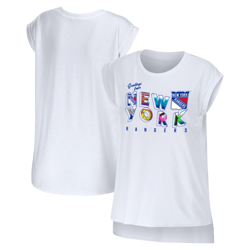 Women's WEAR by Erin Andrews White New York Rangers Greetings From Muscle T-Shirt