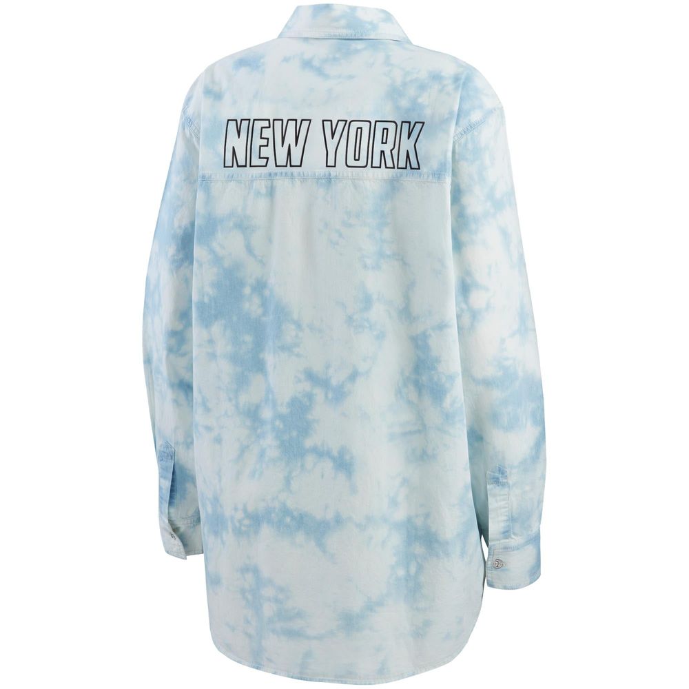 Women's WEAR by Erin Andrews White New York Rangers Oversized Tie-Dye Button-Up Denim Shirt