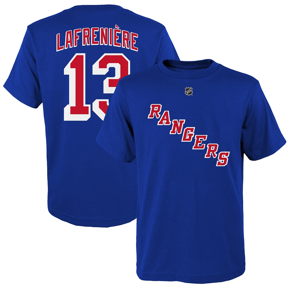 T-shirt bleu avec nom et numéro de joueur des Rangers New York Alexis Lafrenière pour jeunes