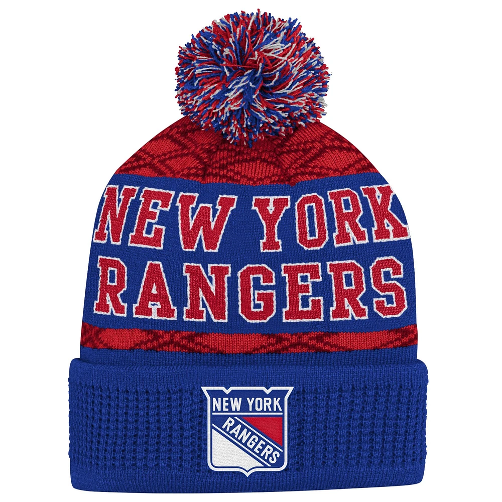 Bonnet en tricot à revers bleu Puck des Rangers de New York pour jeunes avec pompon