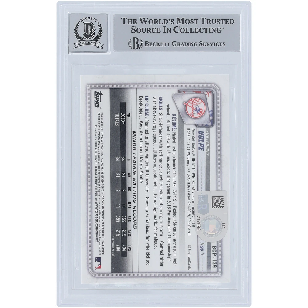 Anthony Volpe New York Yankees Autographié 2020 Bowman Chrome Mega Box Prospects 1er Bowman #BCP-139 Beckett Fanatics Witnessed Authentifié 9/10 Carte avec l'inscription "Go Yankees"