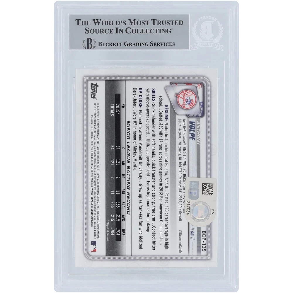 Anthony Volpe New York Yankees Autographié 2020 Bowman Chrome Mega Box Prospects 1er Bowman #BCP-139 Beckett Fanatics a été témoin d'une carte authentifiée avec l'inscription « Go Yankees »