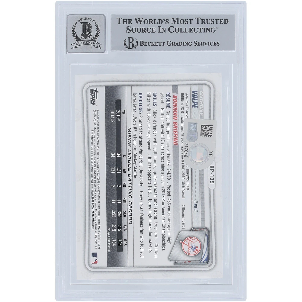 Anthony Volpe New York Yankees Autographié 2020 Bowman Prospects 1er Bowman #BP-139 Beckett Fanatics a été témoin d'une carte 10 authentifiée avec l'inscription « Go Yankees »
