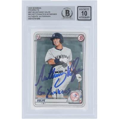 Anthony Volpe New York Yankees Autographié 2020 Bowman Prospects 1er Bowman #BP-139 Beckett Fanatics a été témoin d'une carte 10 authentifiée avec l'inscription « Go Yankees »