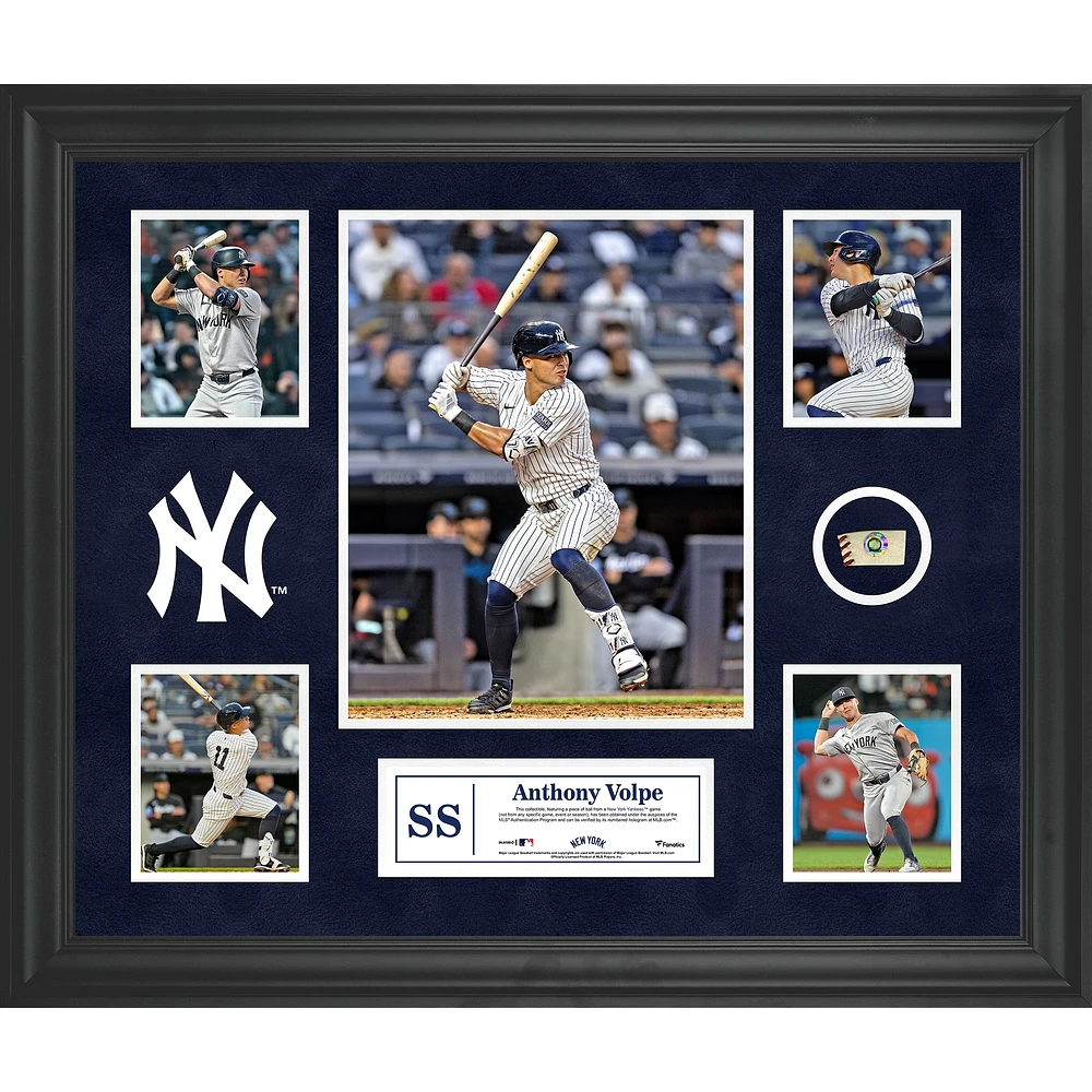 Collage encadré de 5 photos d'Anthony Volpe des Yankees de New York avec un morceau de ballon utilisé lors du match