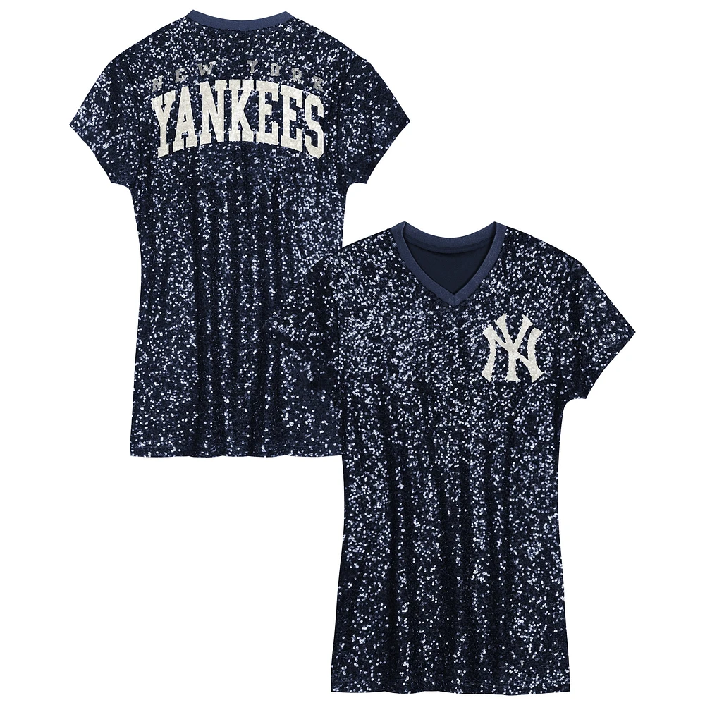 Robe à paillettes et col en V bleu marine pour filles d'âge préscolaire des Yankees de New York