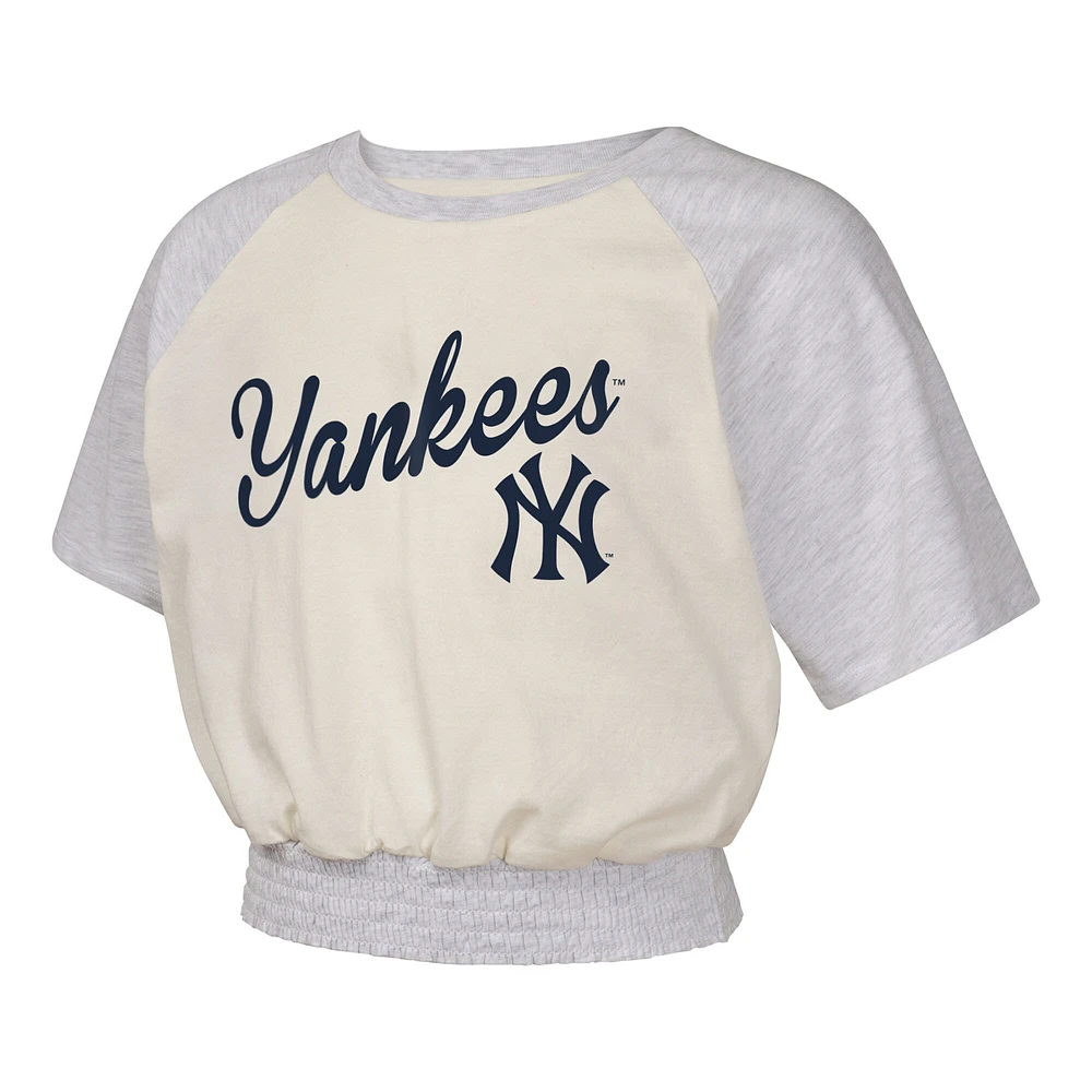 T-shirt raglan tendance pour jeunes filles, couleur crème, motif Curve Ball des Yankees de New York