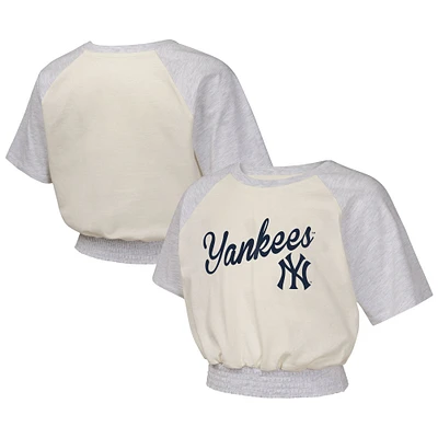 T-shirt raglan tendance pour jeunes filles, couleur crème, motif Curve Ball des Yankees de New York
