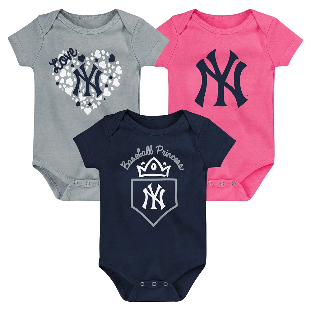 Ensemble de trois bodys Home Run Fanatics pour bébé bleu marine/gris/rose New York Yankees