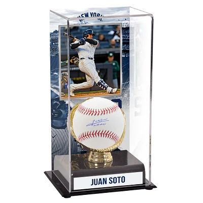 Présentoir de gants de baseball autographiés et sublimés en or des Yankees de New York de Juan Soto avec image