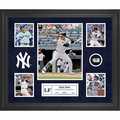 Collage encadré de 5 photos de Juan Soto des Yankees de New York avec un morceau de ballon utilisé lors du match