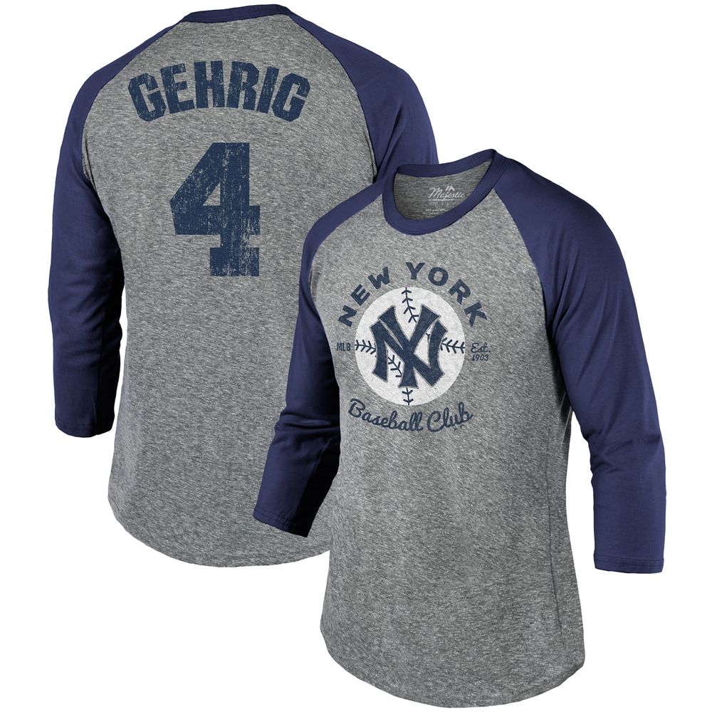 Majestic Threads Lou Gehrig New York Yankees Majestic Threads Cooperstown  Collection Name & Number Tri-Blend 3/4-Sleeve T-Shirt - Gray/Navy