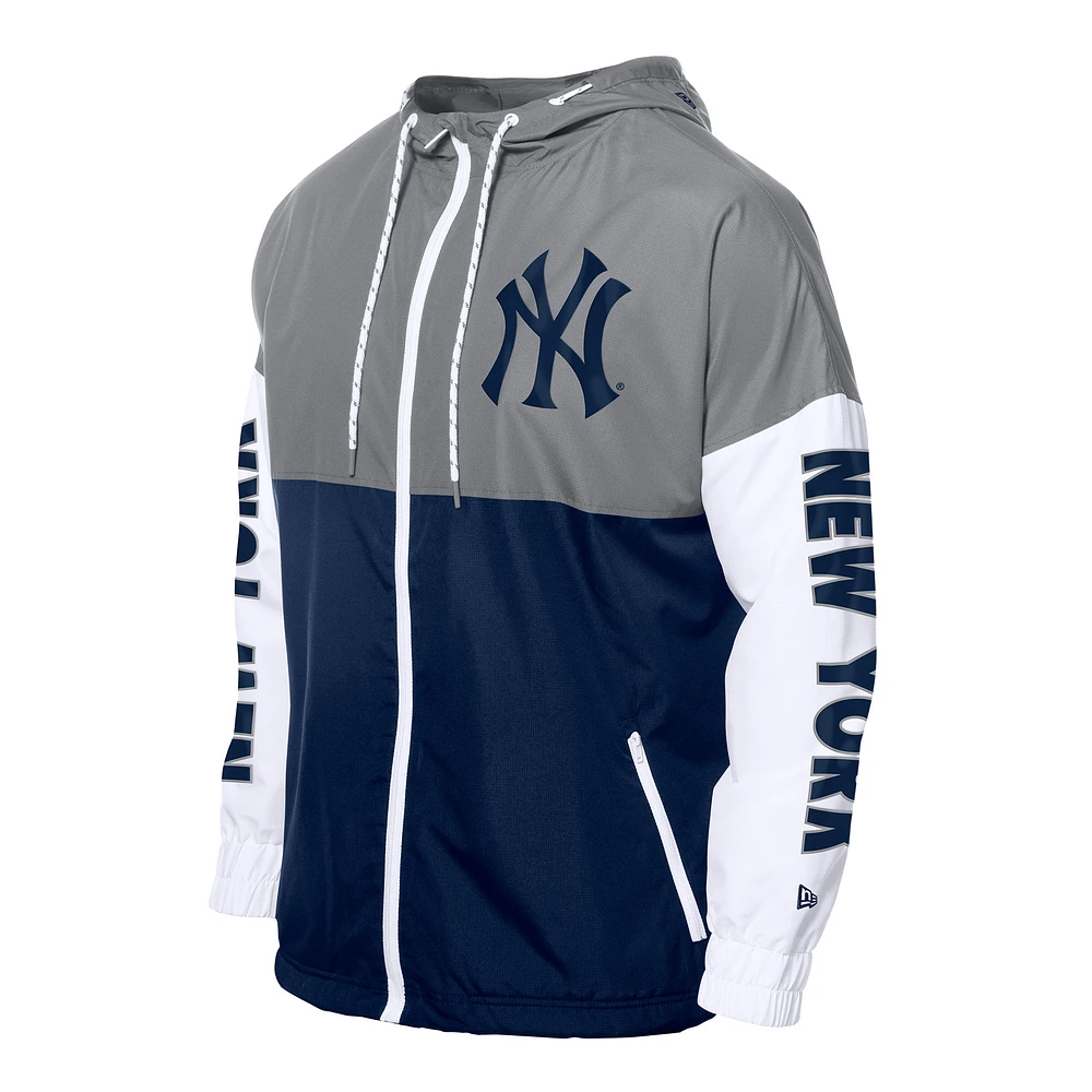 Coupe-vent à capuche entièrement zippé New Era bleu marine/gris York Yankees pour homme