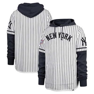 Men's '47 White New York Yankees Cooperstown Collection Pinstripe Double Header Shortstop Pullover Hoodie