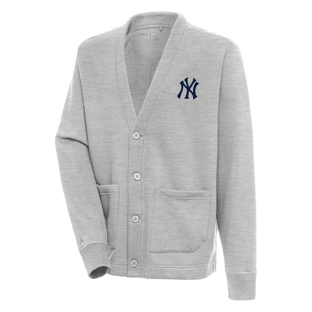 Men's Antigua Heather Gray New York Yankees Button-Up Cardigan