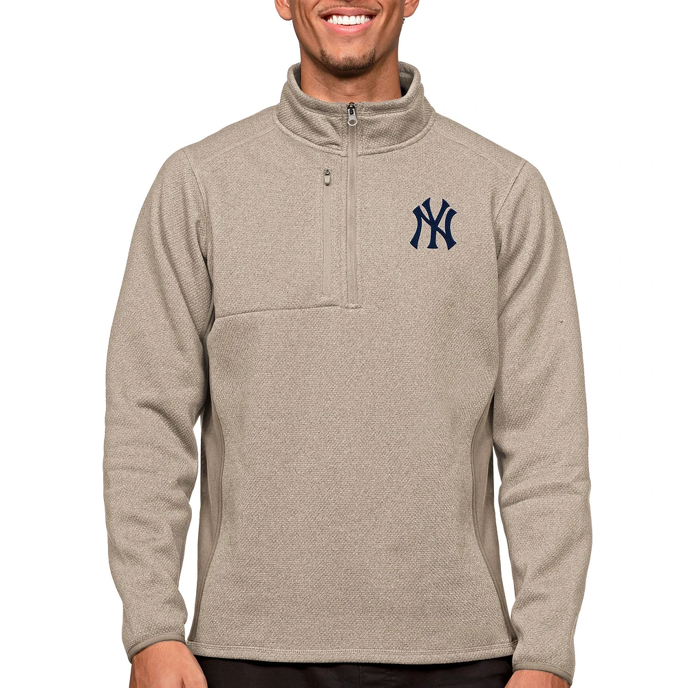 Men's Antigua Oatmeal New York Yankees Course Quarter-Zip Pullover Top