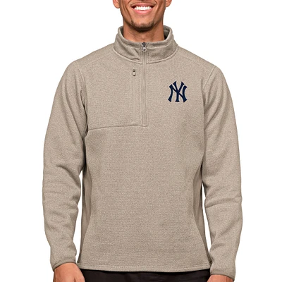 Men's Antigua Oatmeal New York Yankees Course Quarter-Zip Pullover Top