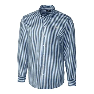 New York Yankees Cutter & Buck Big Tall Stretch Gingham Long Sleeve Button-Down Shirt - Navy