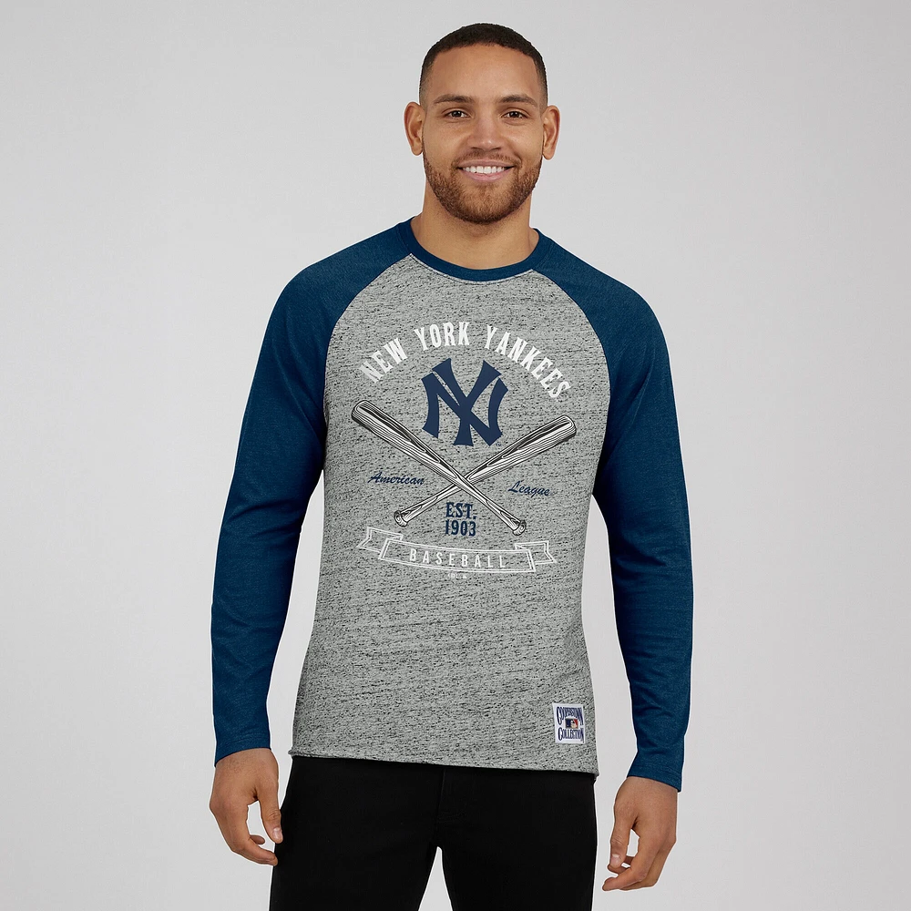 Men's Darius Rucker Collection by Fanatics  Heather Gray New York Yankees Raw Edge Raglan Long Sleeve Baseball T-Shirt