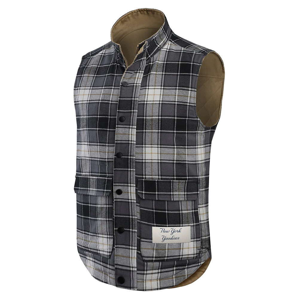 Men's Darius Rucker Collection by Fanatics Tan/Charcoal New York Yankees Reversible Canvas & Plaid Patch Full-Zip Vest