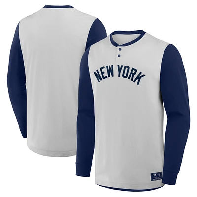 Men's Fanatics Gray/Navy New York Yankees Clubhouse Long Sleeve Henley Shirt