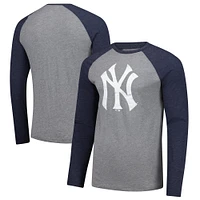 Men's Fanatics Heather Gray/Heather Navy New York Yankees Weathered Logo Tri-Blend Raglan Long Sleeve T-Shirt