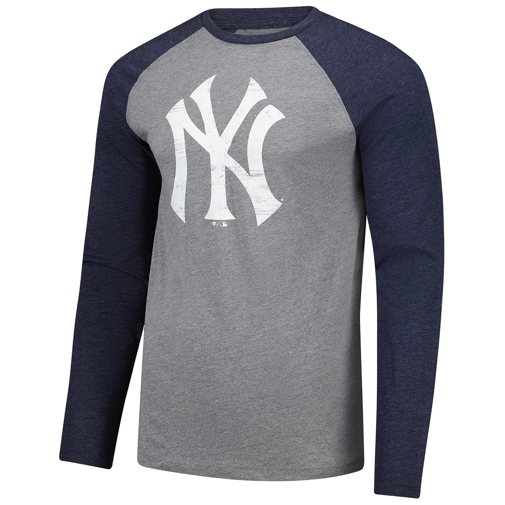 Men's Fanatics Heather Gray/Heather Navy New York Yankees Weathered Logo Tri-Blend Raglan Long Sleeve T-Shirt