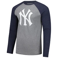 Men's Fanatics Heather Gray/Heather Navy New York Yankees Weathered Logo Tri-Blend Raglan Long Sleeve T-Shirt