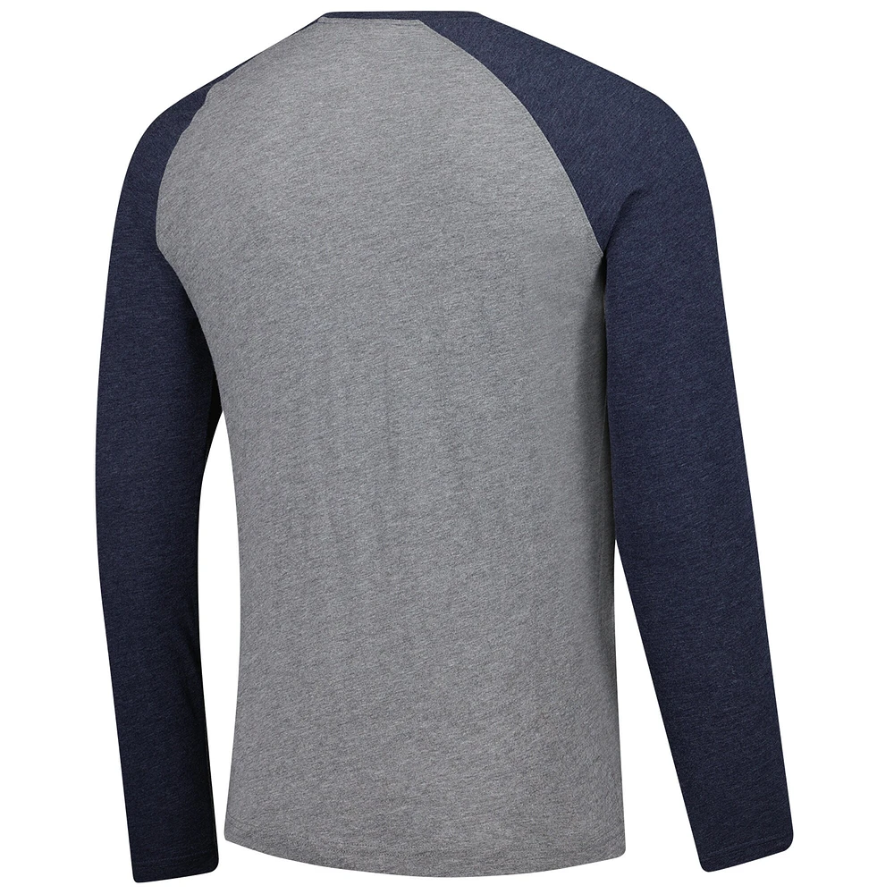 Men's Fanatics Heather Gray/Heather Navy New York Yankees Weathered Logo Tri-Blend Raglan Long Sleeve T-Shirt