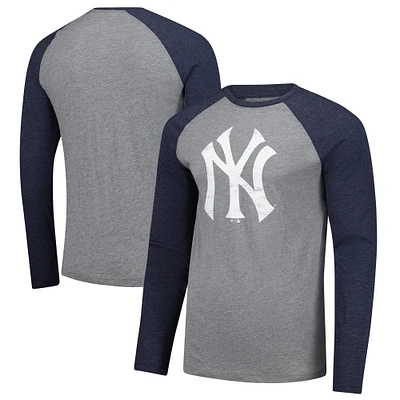 Men's Fanatics Heather Gray/Heather Navy New York Yankees Weathered Logo Tri-Blend Raglan Long Sleeve T-Shirt