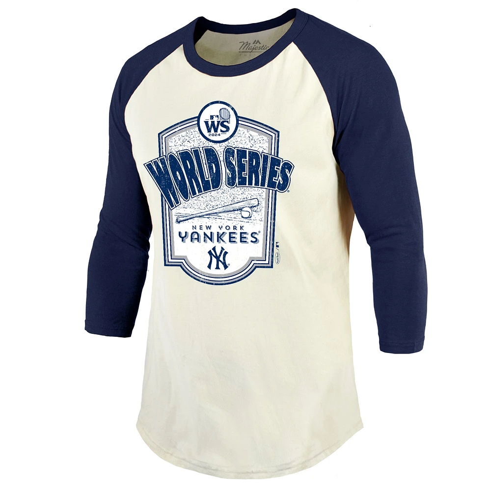 Men's Majestic Threads Cream/Navy New York Yankees 2024 World Series Raglan Softhand 3/4-Sleeve T-Shirt