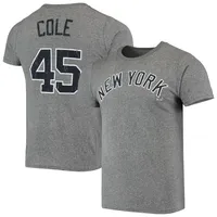 T-shirt à trois mélanges avec nom et numéro des Yankees de New York Majestic Threads Gerrit Cole gris chiné pour hommes