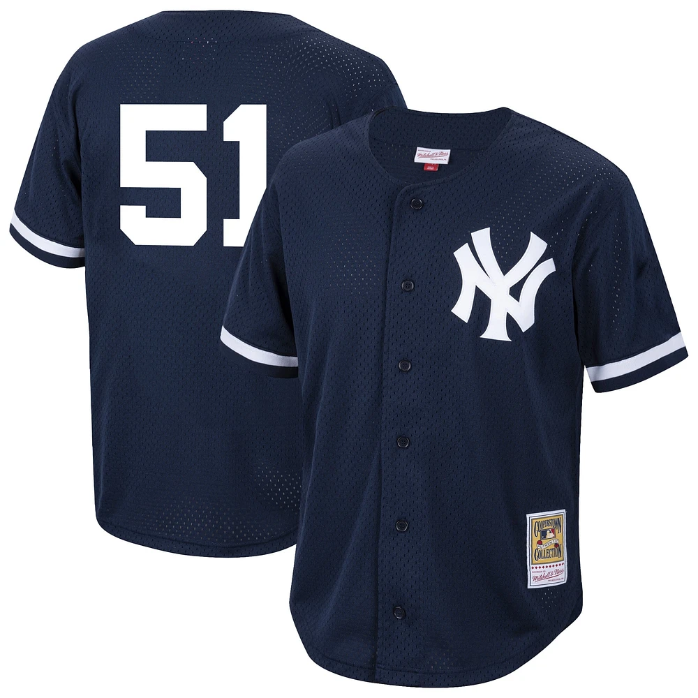 Maillot d'entraînement au bâton boutonné en maille bleu marine Bernie Williams de la collection Cooperstown des Yankees New York pour homme Mitchell & Ness