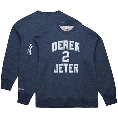 Men's Mitchell & Ness Derek Jeter Heather Navy New York Yankees Legends Collection Vintage Logo Fleece Name Number Pullover Sweatshirt