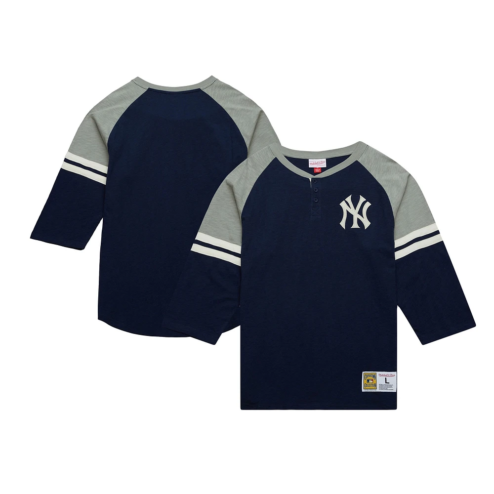 Men's Mitchell & Ness Navy New York Yankees Cooperstown Collection Legendary Raglan Slub Henley 3/4-Sleeve T-Shirt