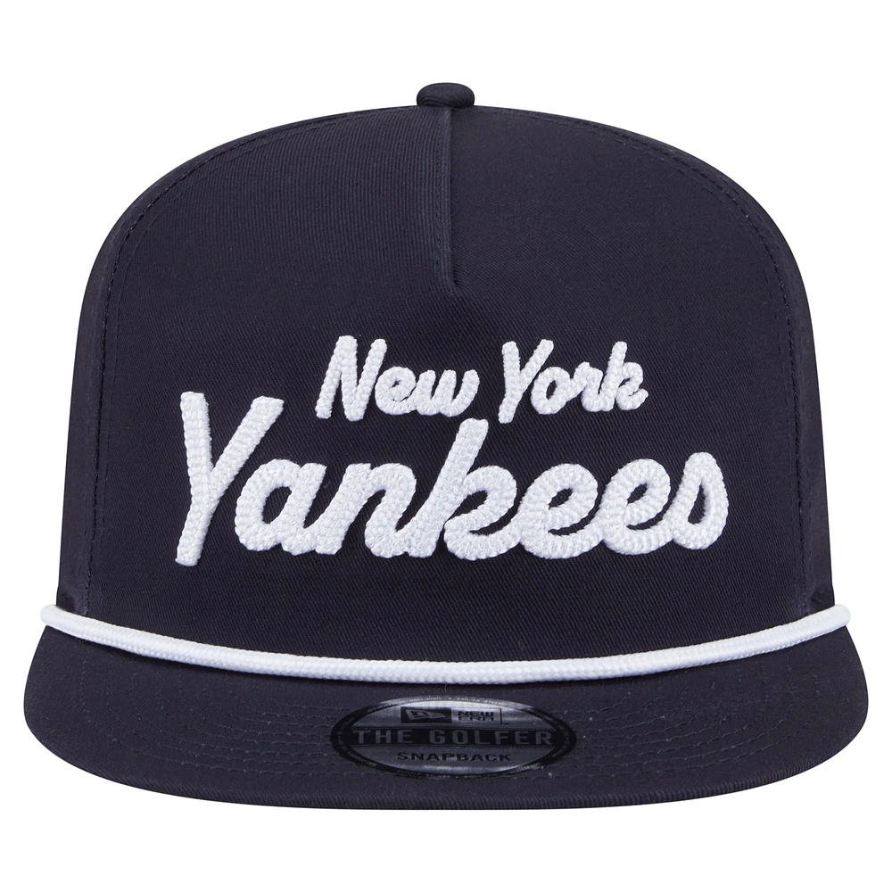 Casquette snapback de golfeur New Era bleu marine avec texte de l'équipe des Yankees de New York pour homme