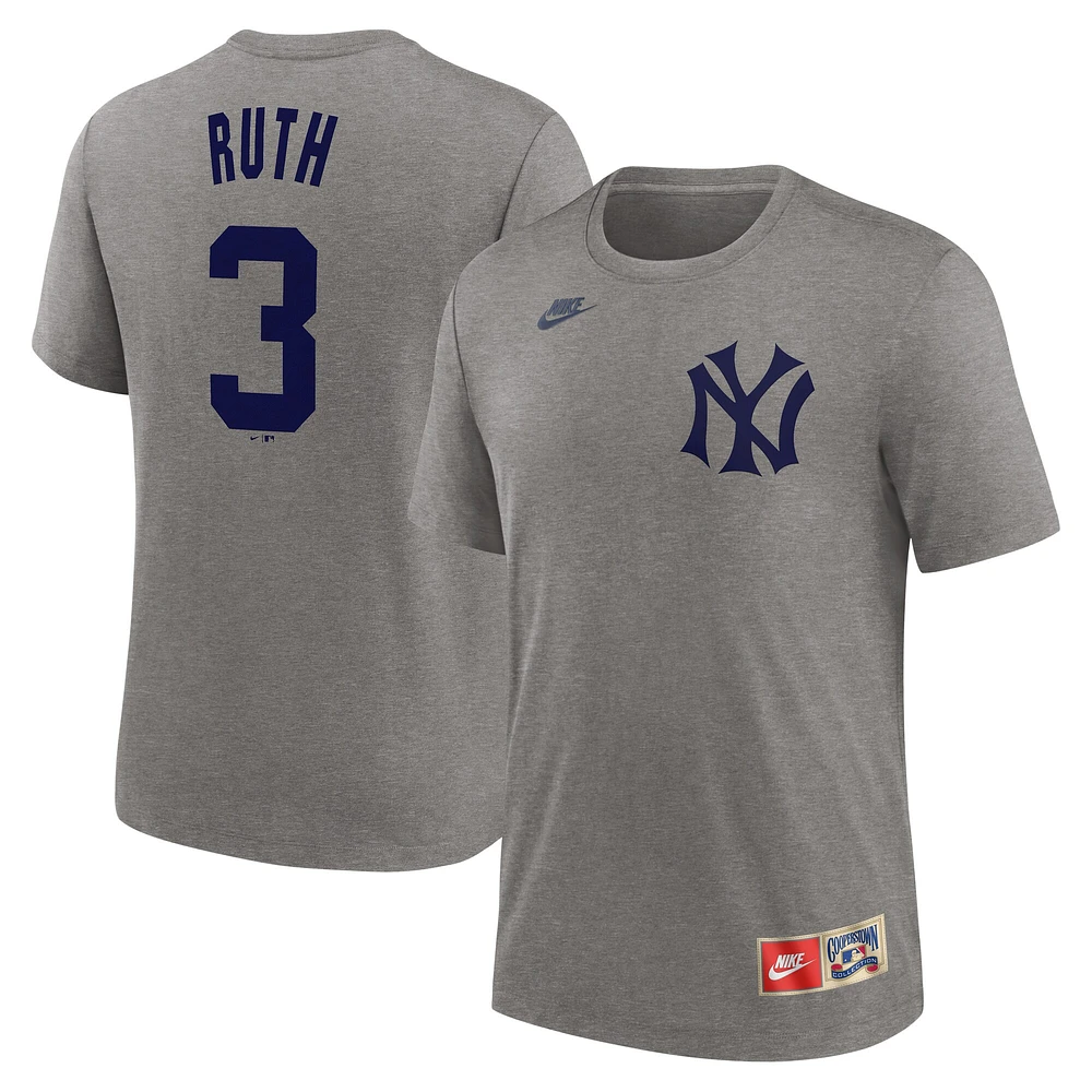 T-shirt Nike Babe Ruth Heather Grey pour homme avec nom et numéro de la collection Cooperstown des Yankees New York