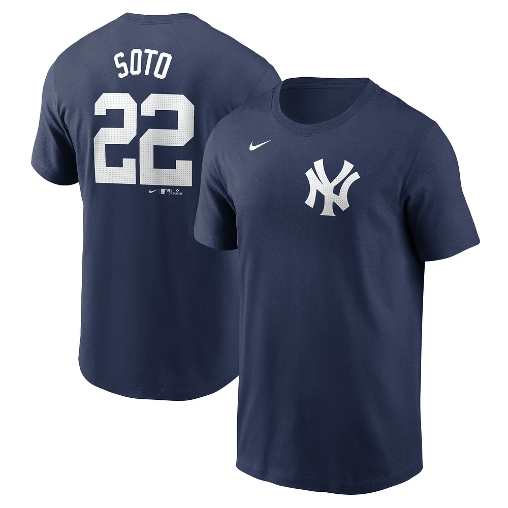 T-shirt avec nom et numéro Nike Juan Soto pour homme, bleu marine, New York Yankees 2024 Fuse