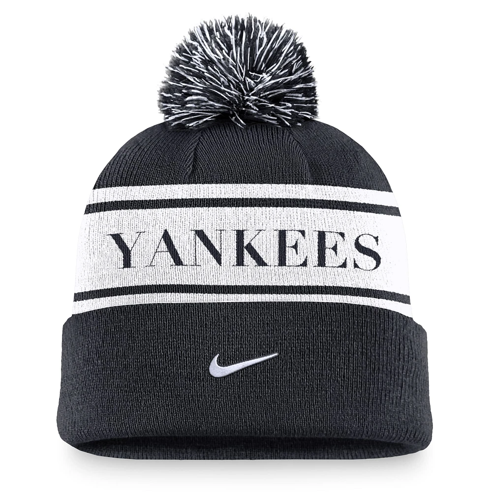 Men's Nike Navy New York Yankees Team Stripe Peak Cuffed Knit Hat with Pom