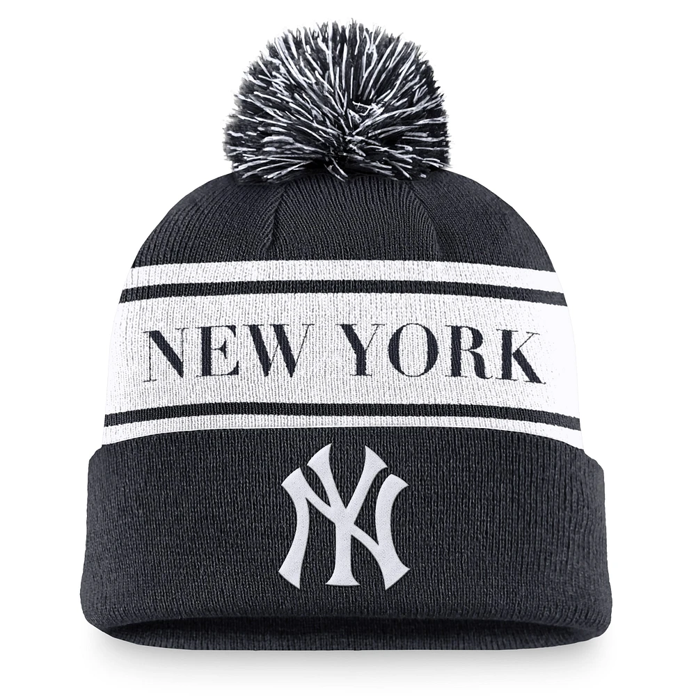 Men's Nike Navy New York Yankees Team Stripe Peak Cuffed Knit Hat with Pom