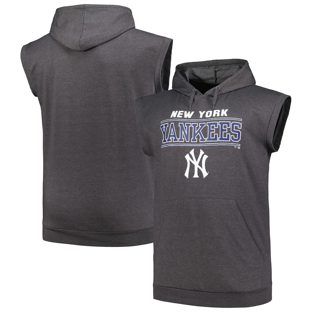 Men's Profile Heather Charcoal New York Yankees Big & Tall Muscle Sleeveless Pullover Hoodie